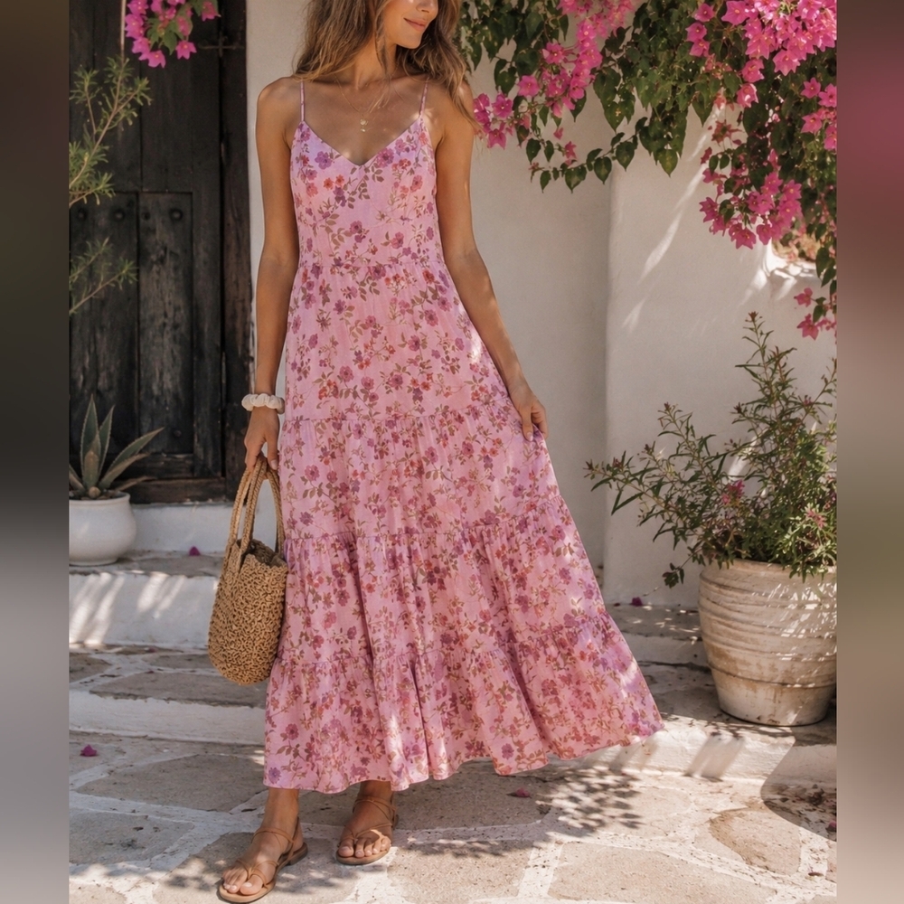 Trixxi Pink Floral Tiered Slip Maxi Dress Women’s Size Small Cottagecore Dress